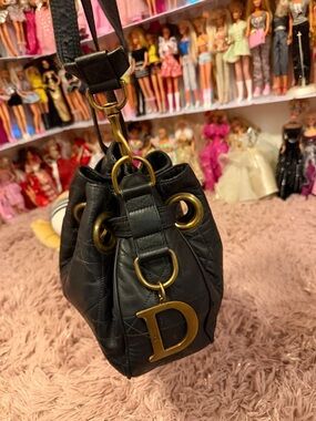 Dior Black Quilted Leather Drawstring Bucket Bag with Gold 'D' Charm